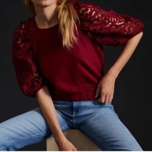 Anthropologie Dolan Lace Balloon Sleeve Top Red Cotton Statement Sleeve XS NWT